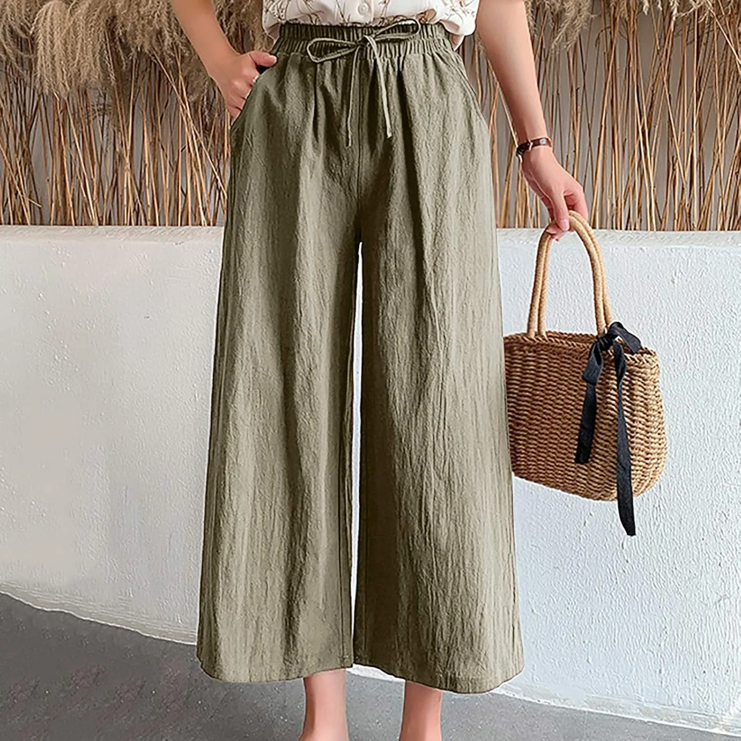 Women's Cotton Linen Straight Leg Palazzo Pants Elastic Strappy Wide Leg Flowy Pants Loose Lounge Trousers Cute Pants