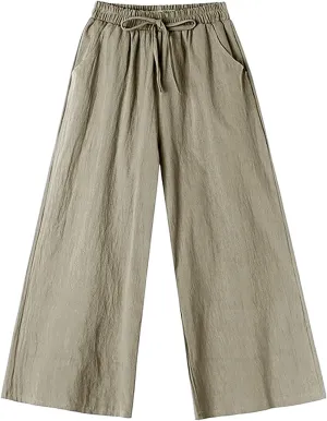 Women's Cotton Linen Straight Leg Palazzo Pants Elastic Strappy Wide Leg Flowy Pants Loose Lounge Trousers Cute Pants