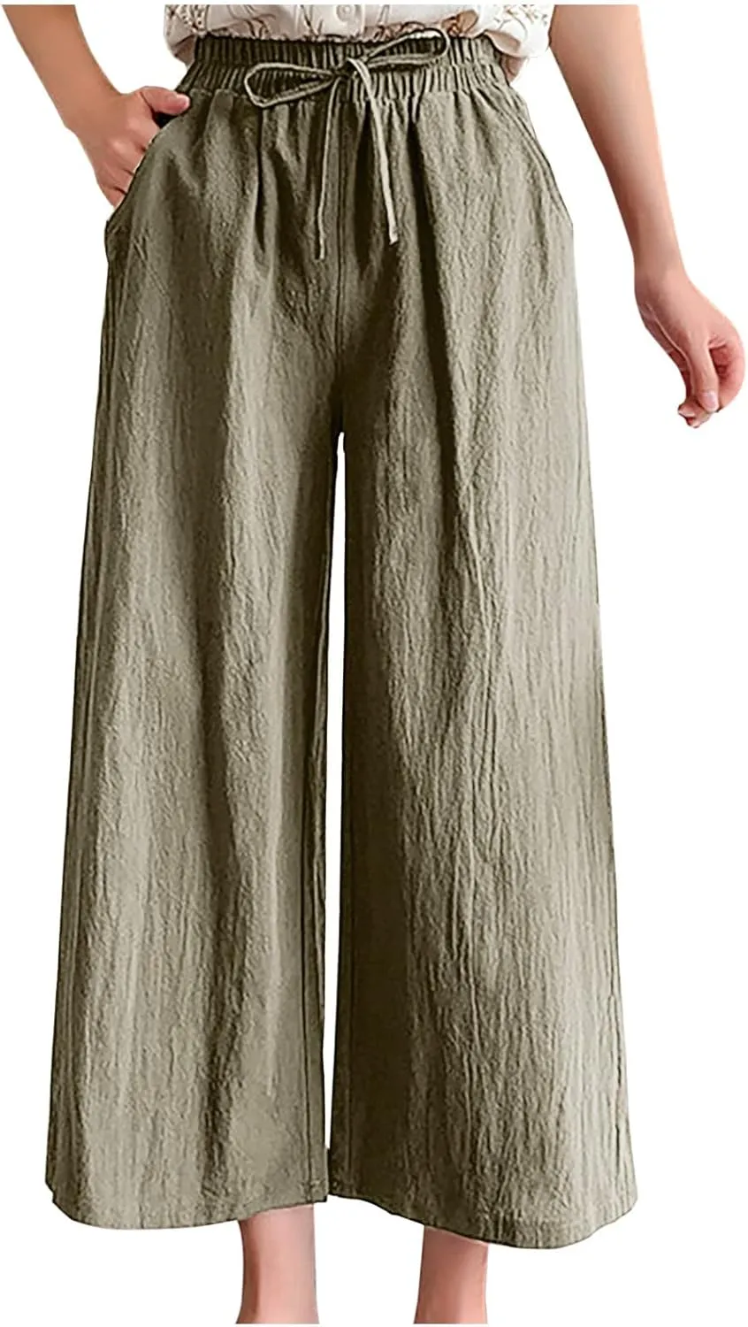 Women's Cotton Linen Straight Leg Palazzo Pants Elastic Strappy Wide Leg Flowy Pants Loose Lounge Trousers Cute Pants