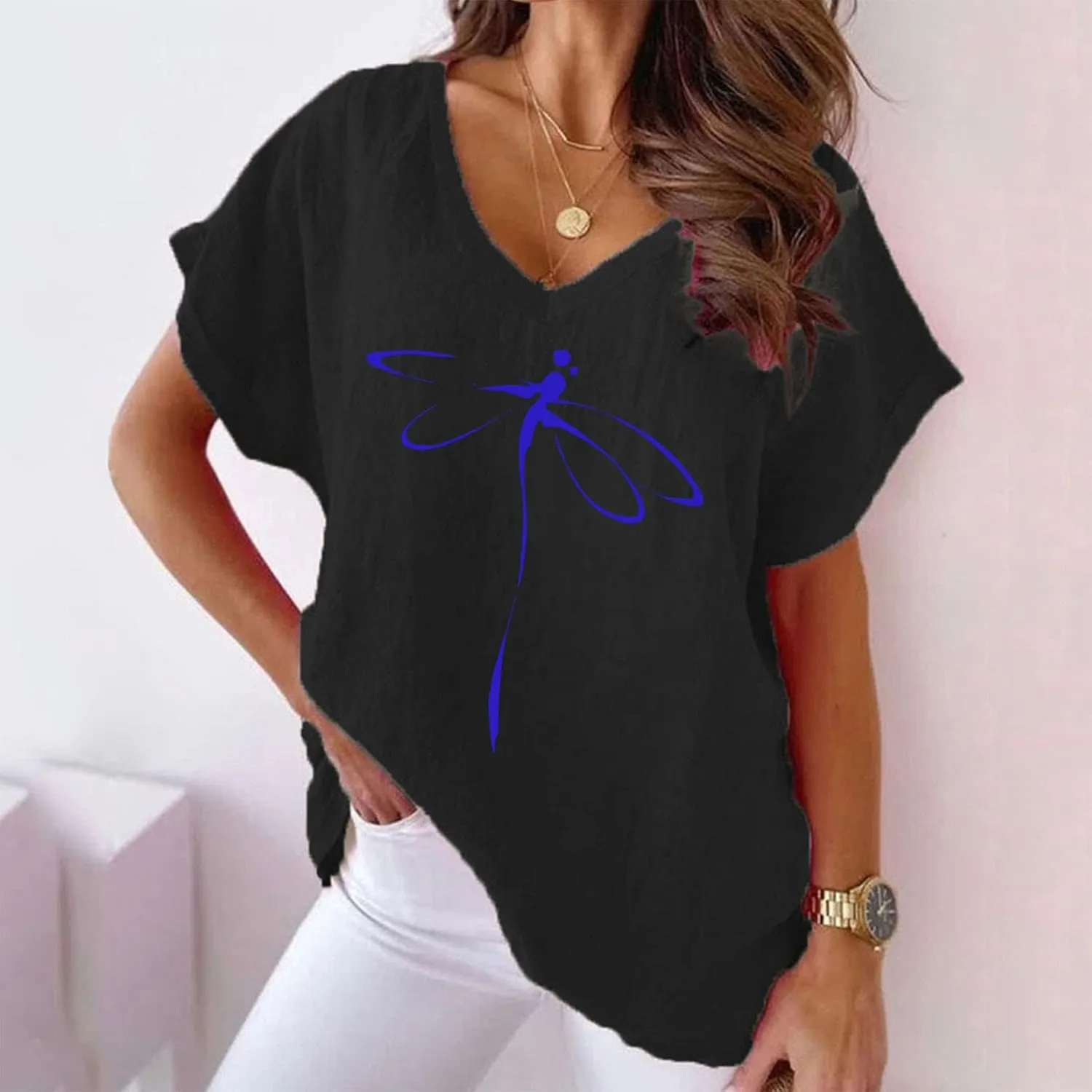 Womens Cotton Linen T Shirts Fashion V Neck Floral Tops Summer Short Sleeve Loose Shirt Beach Vacation Clothes 2025