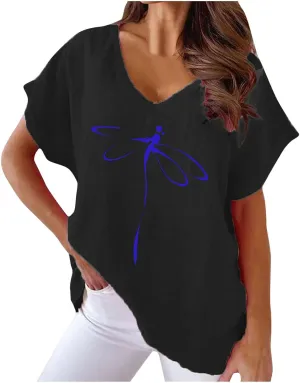 Womens Cotton Linen T Shirts Fashion V Neck Floral Tops Summer Short Sleeve Loose Shirt Beach Vacation Clothes 2025