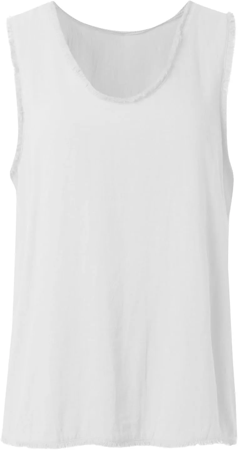 Women's Cotton Linen Tank Tops Summer Sleeveless Ruffled V Neck Raw Edge Hem Shirts Solid Color Loose Camisoles
