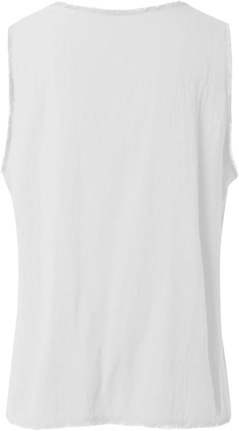 Women's Cotton Linen Tank Tops Summer Sleeveless Ruffled V Neck Raw Edge Hem Shirts Solid Color Loose Camisoles