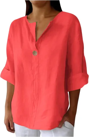 Womens Cotton Linen Tops Summer Short Sleeve V Neck T Shirts Lightweight Breathable Soft Tees Beach Vacation Shirt