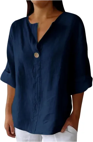 Womens Cotton Linen Tops Summer Short Sleeve V Neck T Shirts Lightweight Breathable Soft Tees Beach Vacation Shirt