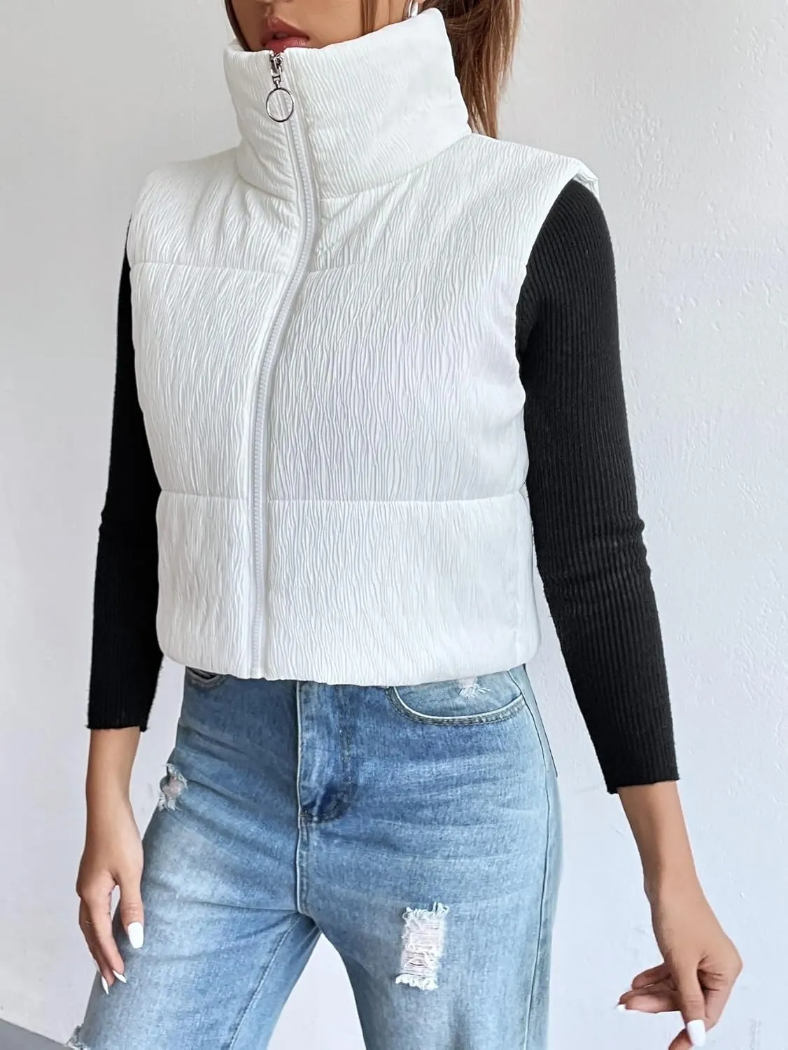 Womens Crop Puffer Vest Lightweight High Stand Collar Sleeveless Zip Up Padded Gilet Winter Warm Quilted Coat Outwear