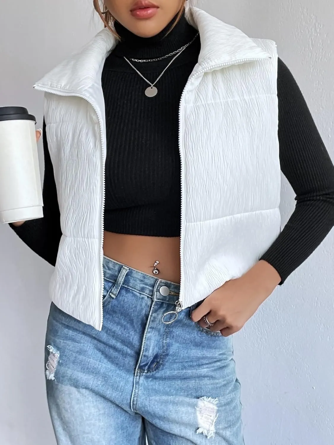 Womens Crop Puffer Vest Lightweight High Stand Collar Sleeveless Zip Up Padded Gilet Winter Warm Quilted Coat Outwear