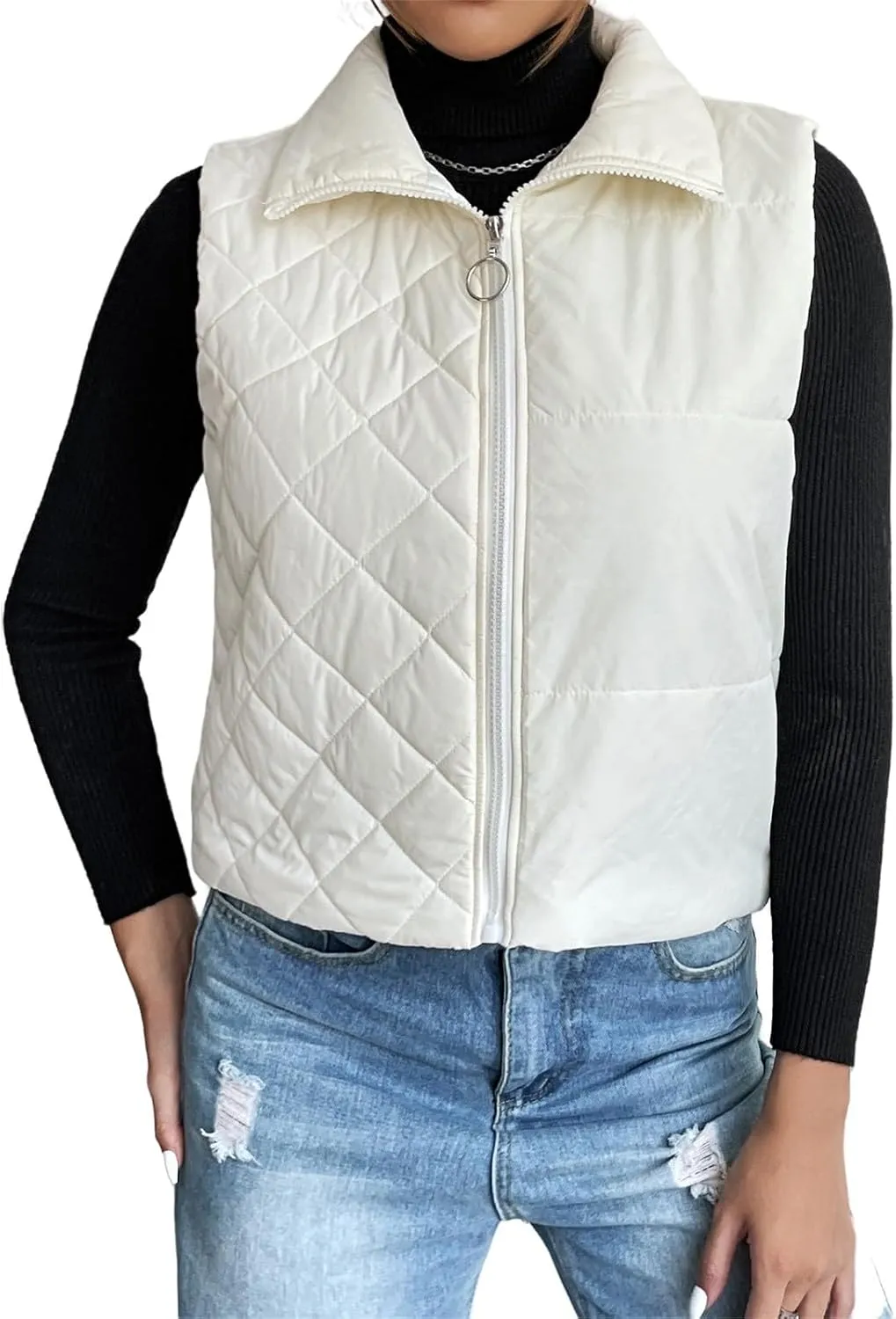 Womens Crop Puffer Vest Lightweight High Stand Collar Sleeveless Zip Up Padded Gilet Winter Warm Quilted Coat Outwear