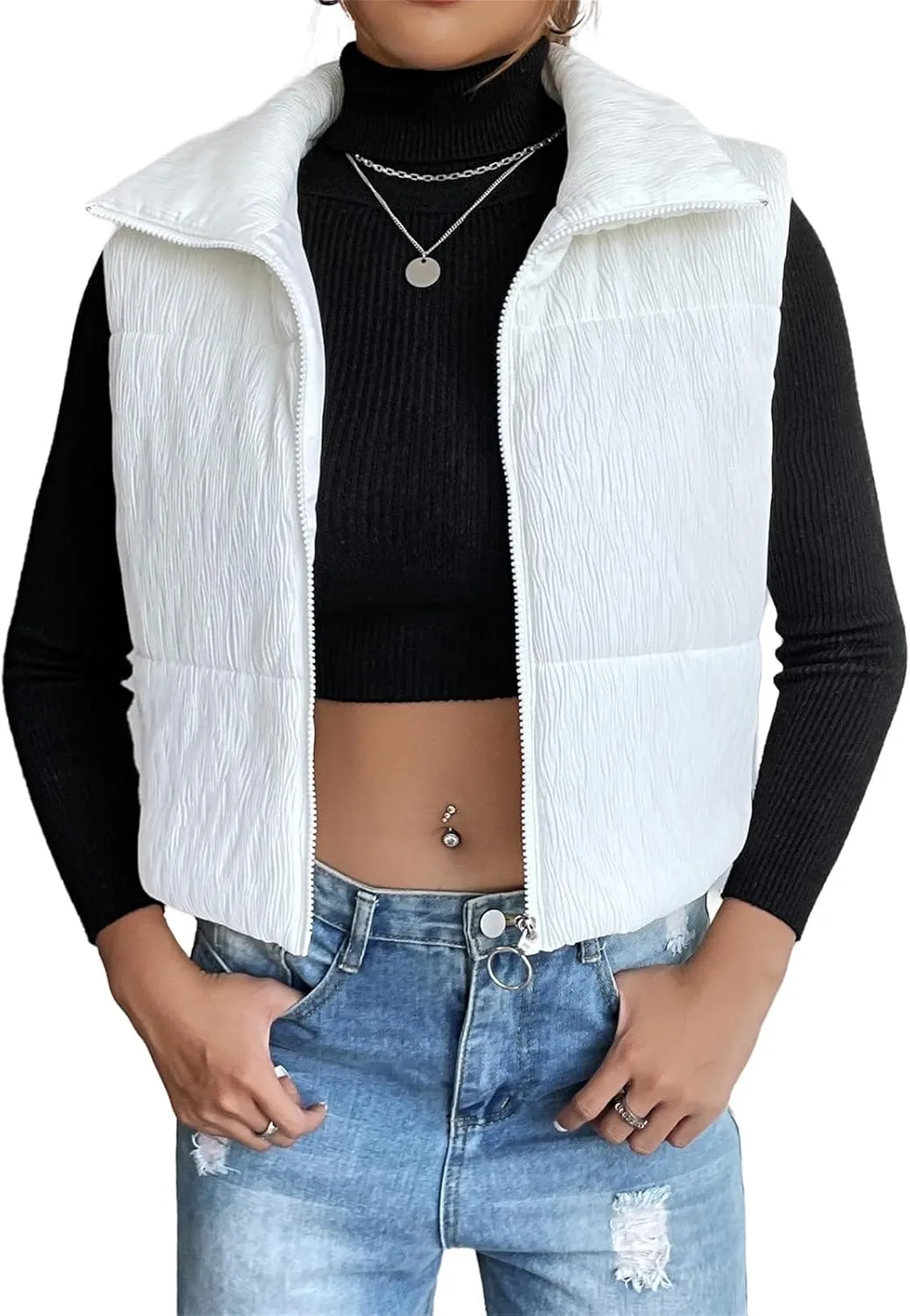 Womens Crop Puffer Vest Lightweight High Stand Collar Sleeveless Zip Up Padded Gilet Winter Warm Quilted Coat Outwear