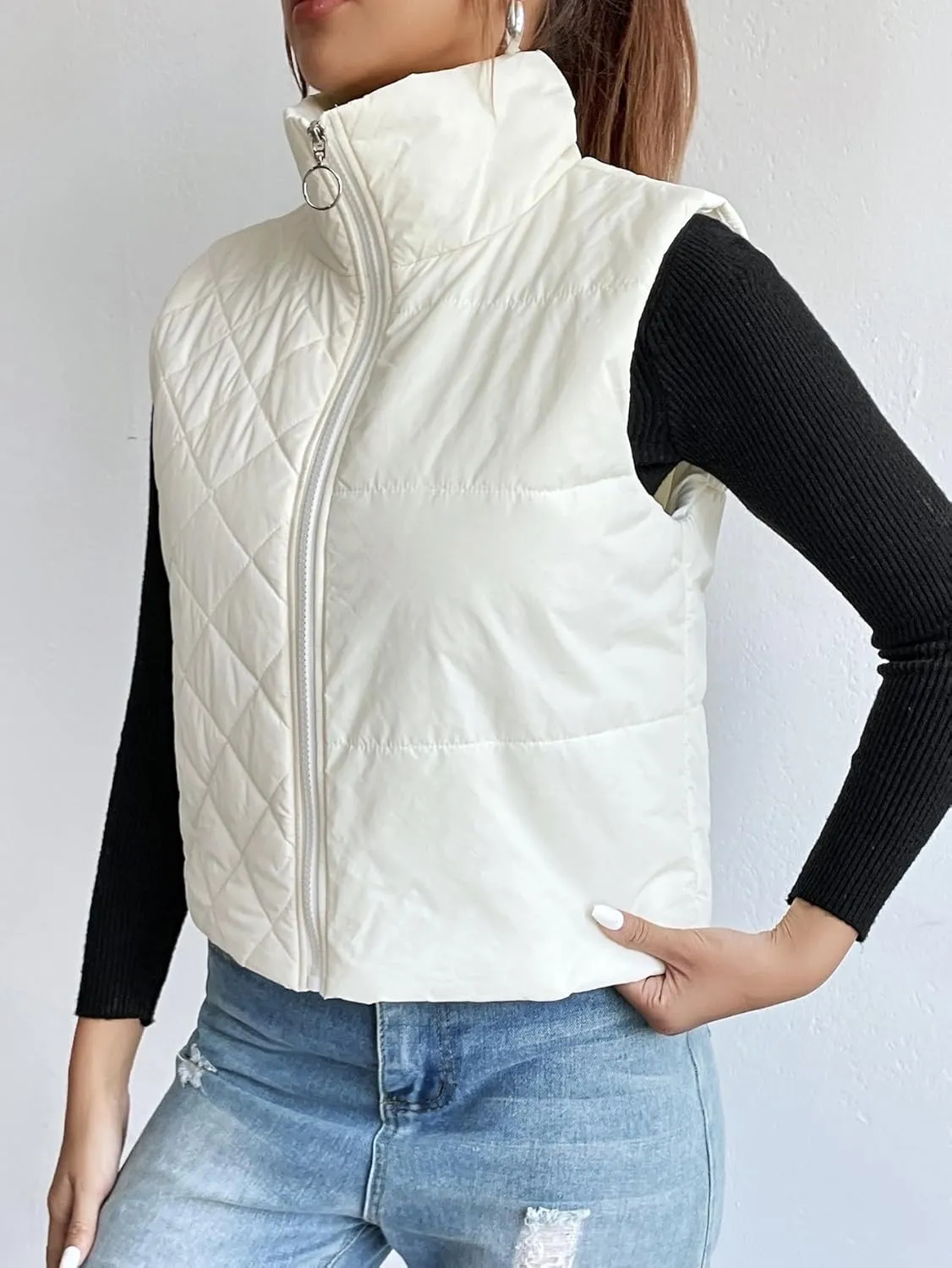 Womens Crop Puffer Vest Lightweight High Stand Collar Sleeveless Zip Up Padded Gilet Winter Warm Quilted Coat Outwear