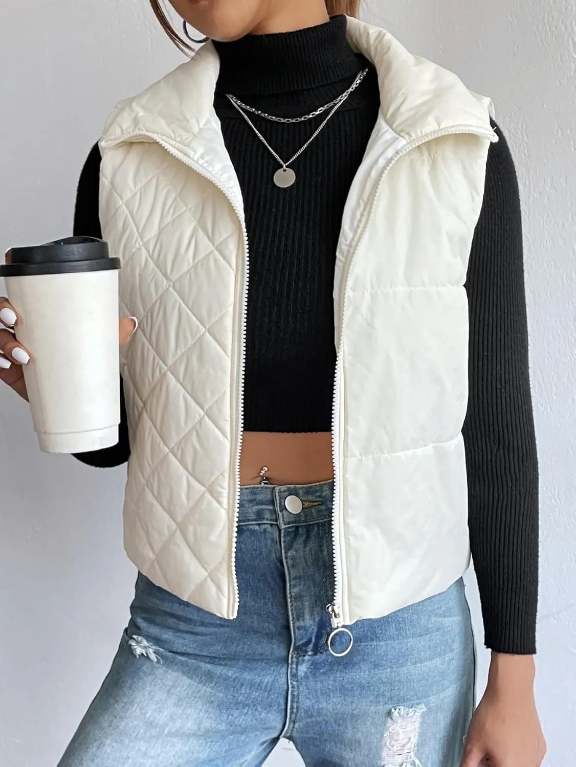 Womens Crop Puffer Vest Lightweight High Stand Collar Sleeveless Zip Up Padded Gilet Winter Warm Quilted Coat Outwear