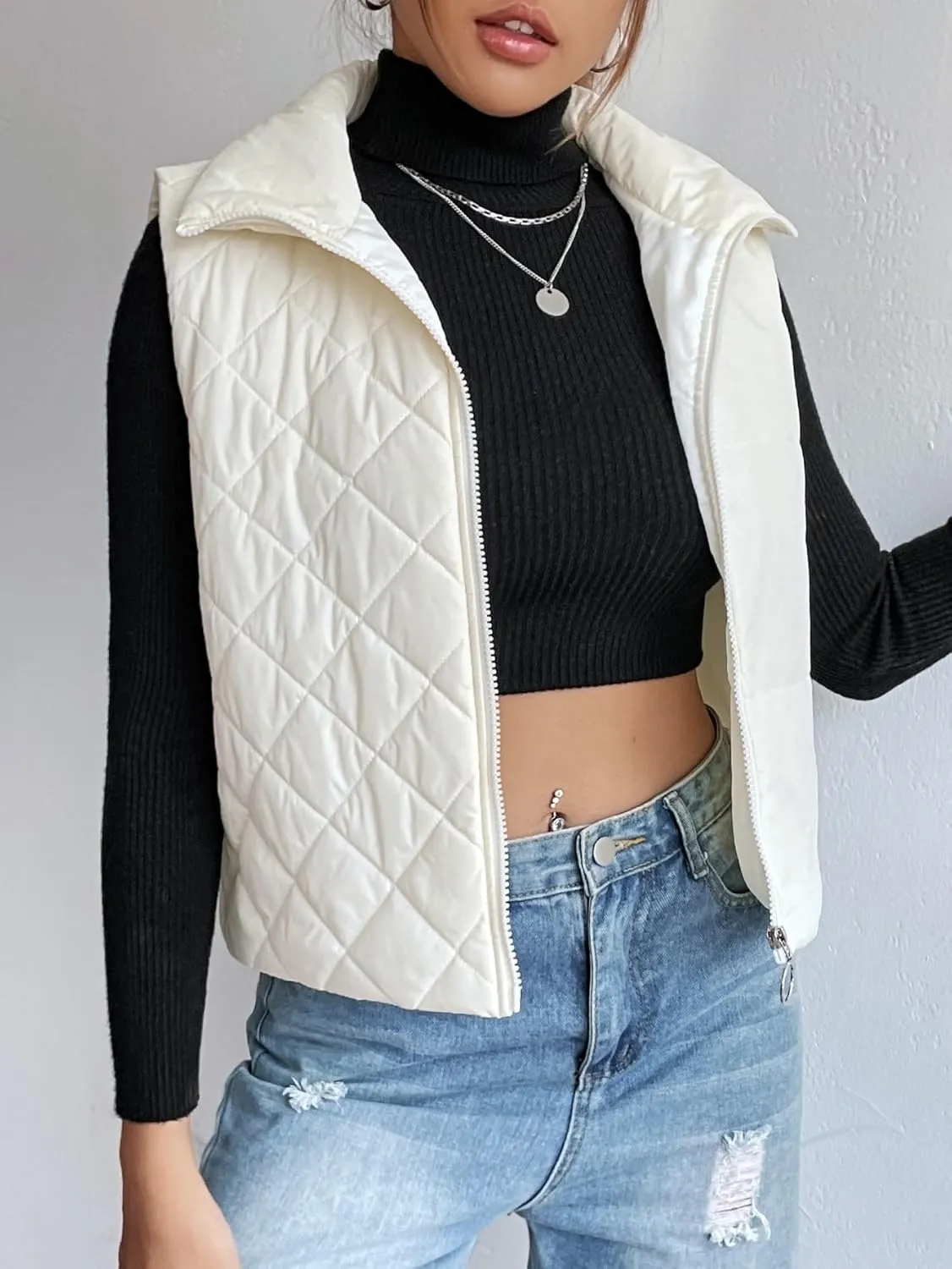 Womens Crop Puffer Vest Lightweight High Stand Collar Sleeveless Zip Up Padded Gilet Winter Warm Quilted Coat Outwear