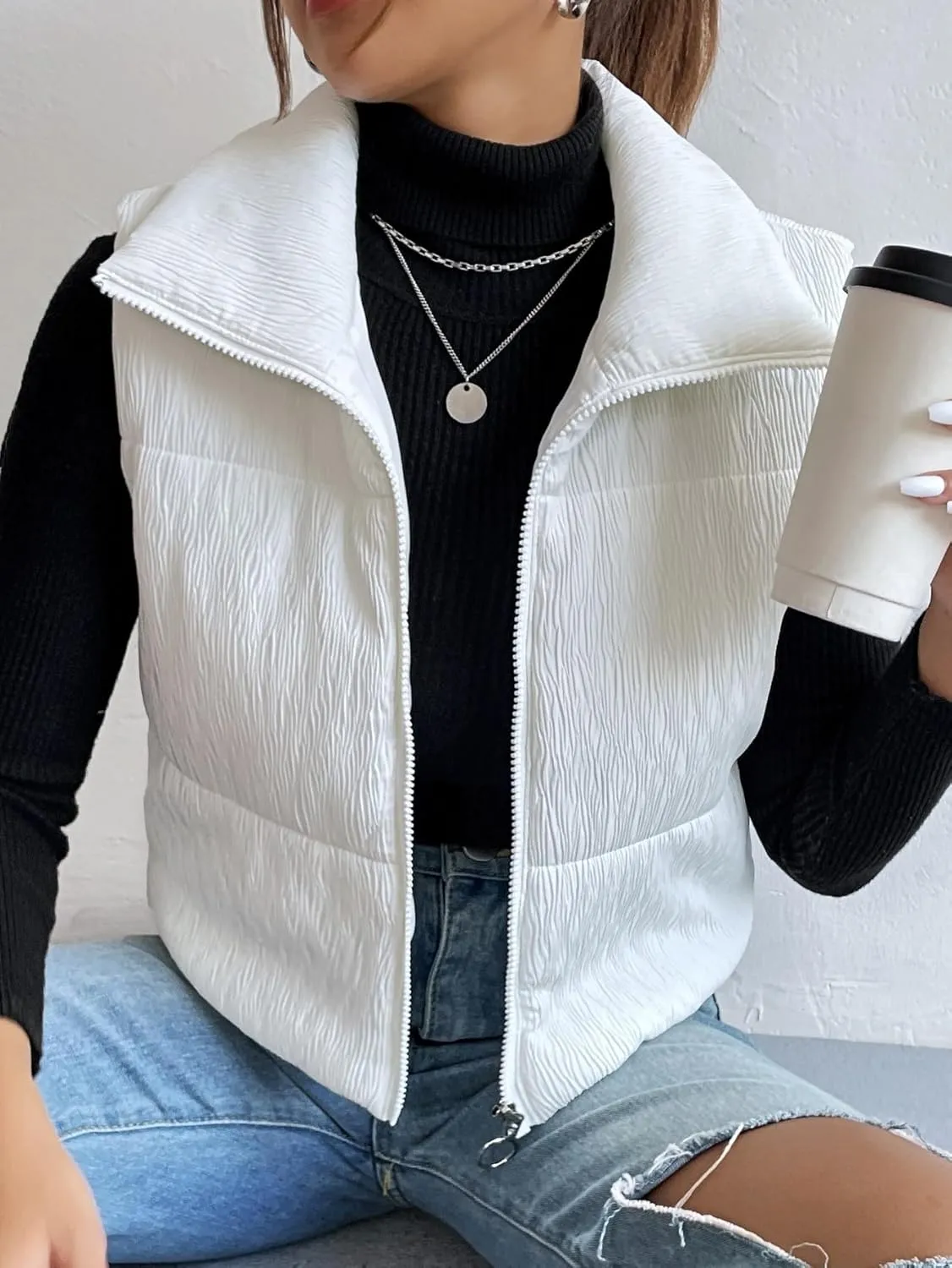 Womens Crop Puffer Vest Lightweight High Stand Collar Sleeveless Zip Up Padded Gilet Winter Warm Quilted Coat Outwear