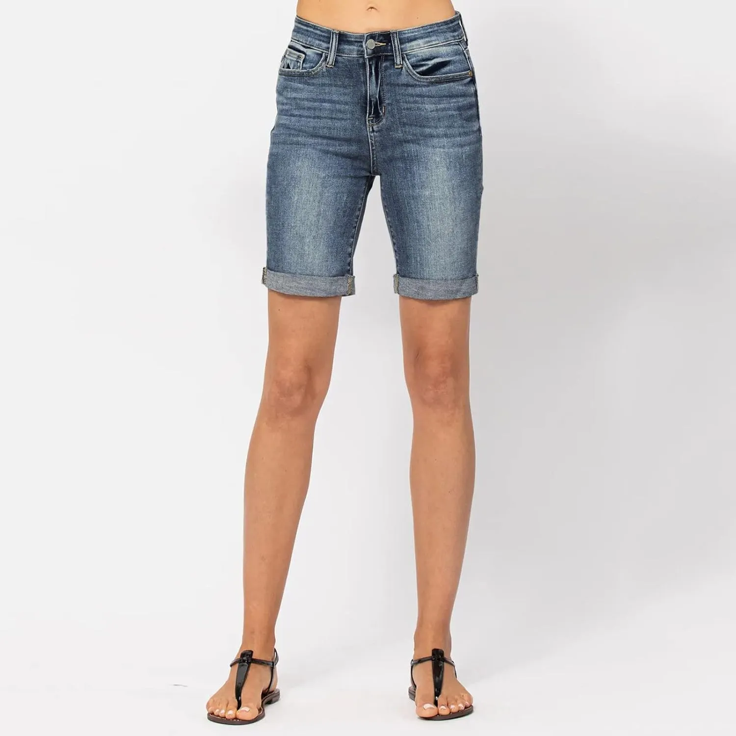 Womens Denim Bermuda Shorts Trendy Summer Mid Rise Stretchy Casual Knee Length Folded Hem Jean Shorts with Pockets
