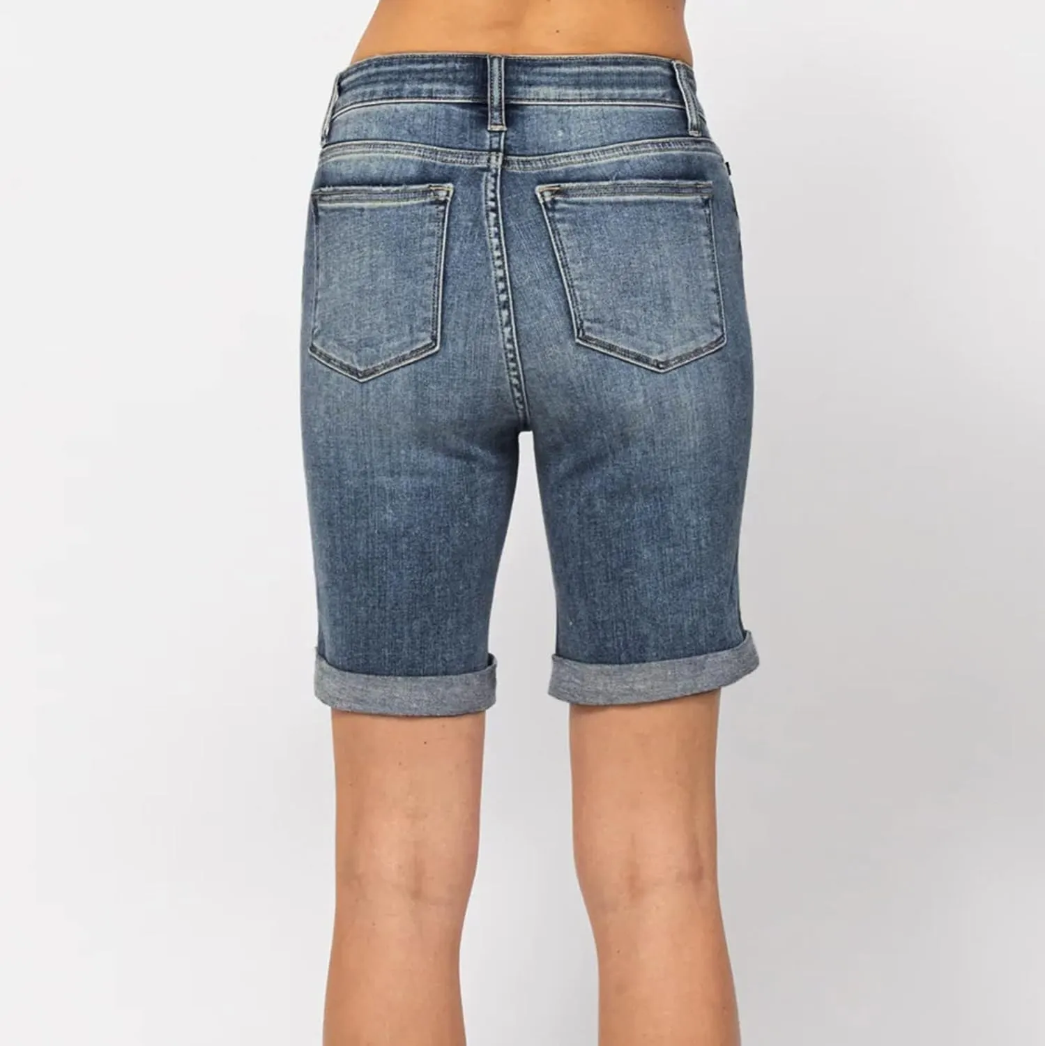 Womens Denim Bermuda Shorts Trendy Summer Mid Rise Stretchy Casual Knee Length Folded Hem Jean Shorts with Pockets