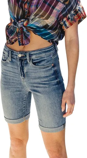 Womens Denim Bermuda Shorts Trendy Summer Mid Rise Stretchy Casual Knee Length Folded Hem Jean Shorts with Pockets