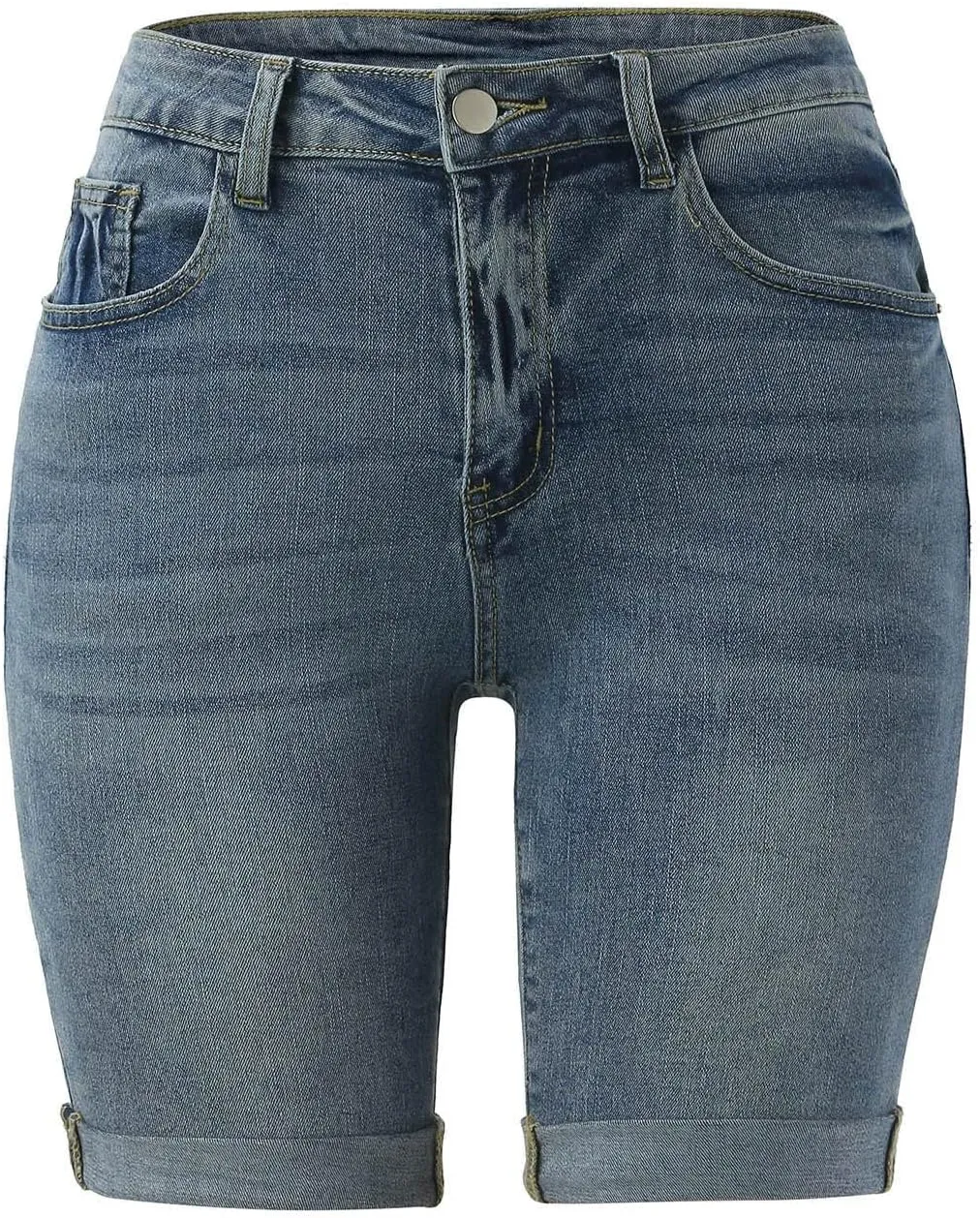 Womens Denim Bermuda Shorts Trendy Summer Mid Rise Stretchy Casual Knee Length Folded Hem Jean Shorts with Pockets