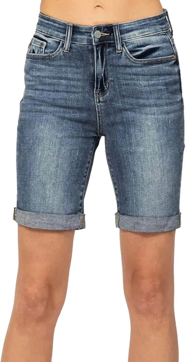 Womens Denim Bermuda Shorts Trendy Summer Mid Rise Stretchy Casual Knee Length Folded Hem Jean Shorts with Pockets