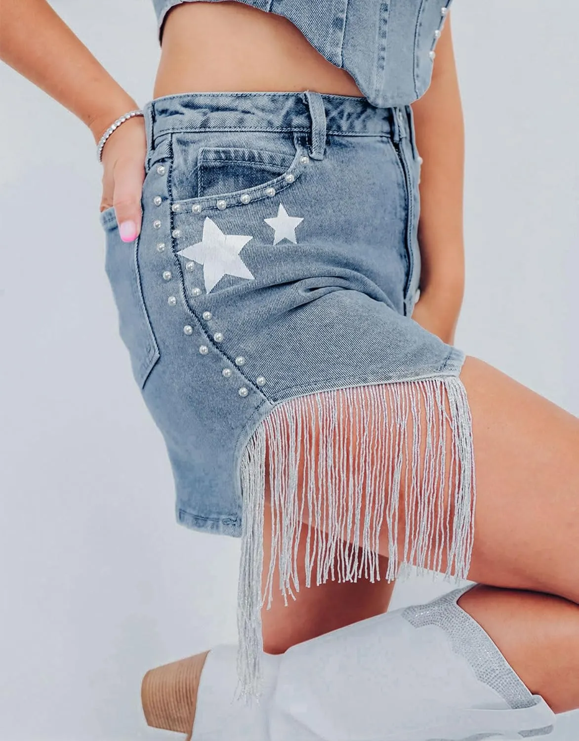 Women's Denim Shorts Casual High Waisted Studded Fringe Tassels Stretchy Hot Shorts with Star
