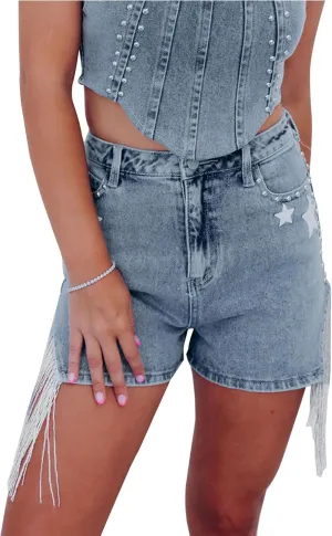 Women's Denim Shorts Casual High Waisted Studded Fringe Tassels Stretchy Hot Shorts with Star