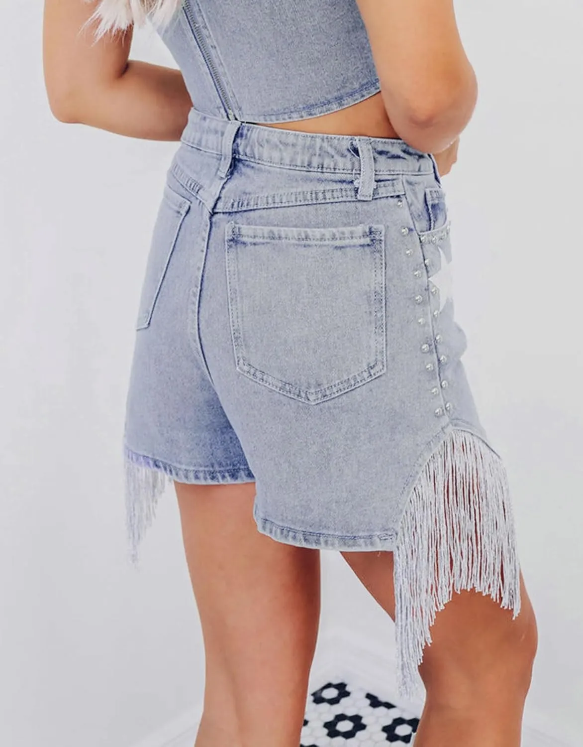 Women's Denim Shorts Casual High Waisted Studded Fringe Tassels Stretchy Hot Shorts with Star