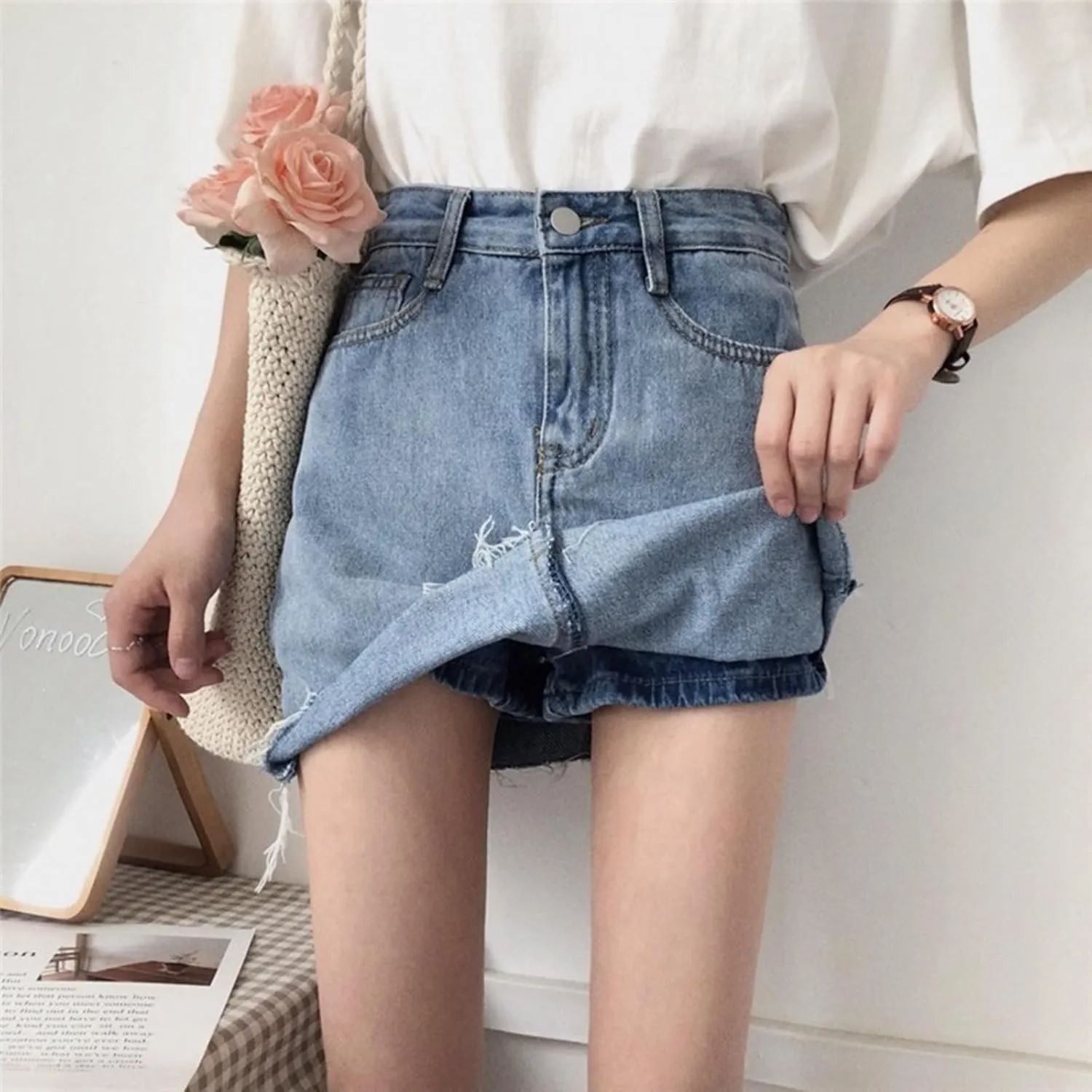 Women's Denim Shorts High Waisted Irregular Design A Line Skorts Shorts Wide Leg Slim Fit Baggy Jeans Shorts with Pockets