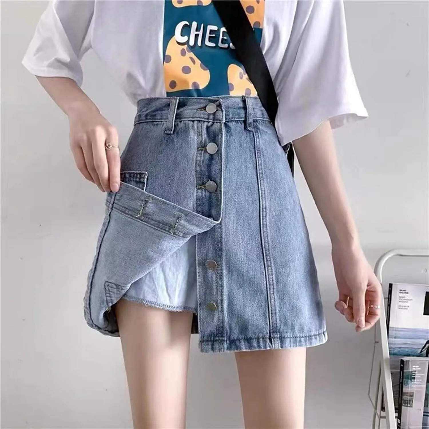 Women's Denim Shorts High Waisted Irregular Design A Line Skorts Shorts Wide Leg Slim Fit Baggy Jeans Shorts with Pockets