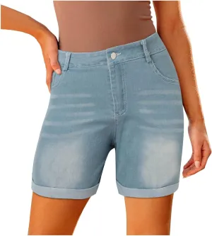 Women's Denim Shorts High Waisted Stretchy Casual Summer Cutoff Jean Shorts 2024 Trendy Folded Hem Hot Shorts