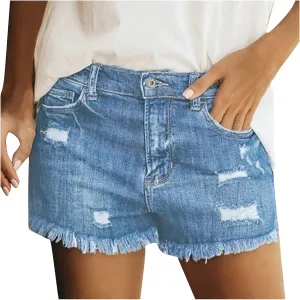 Women's Denim Shorts Stretchy High Waisted Plain Color Cute Mom Jean Shorts with Pockets Fray Hem Slim Shorts Summer Shorts for Women