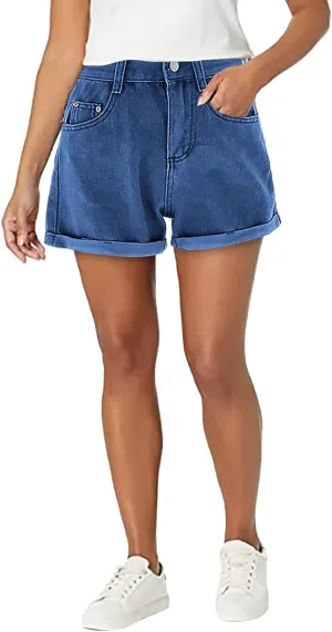 Womens Denim Shorts Stretchy High Waisted Summer Beach Jean Shorts Trendy Folded Hem Casual Loose Fit Short Jeans