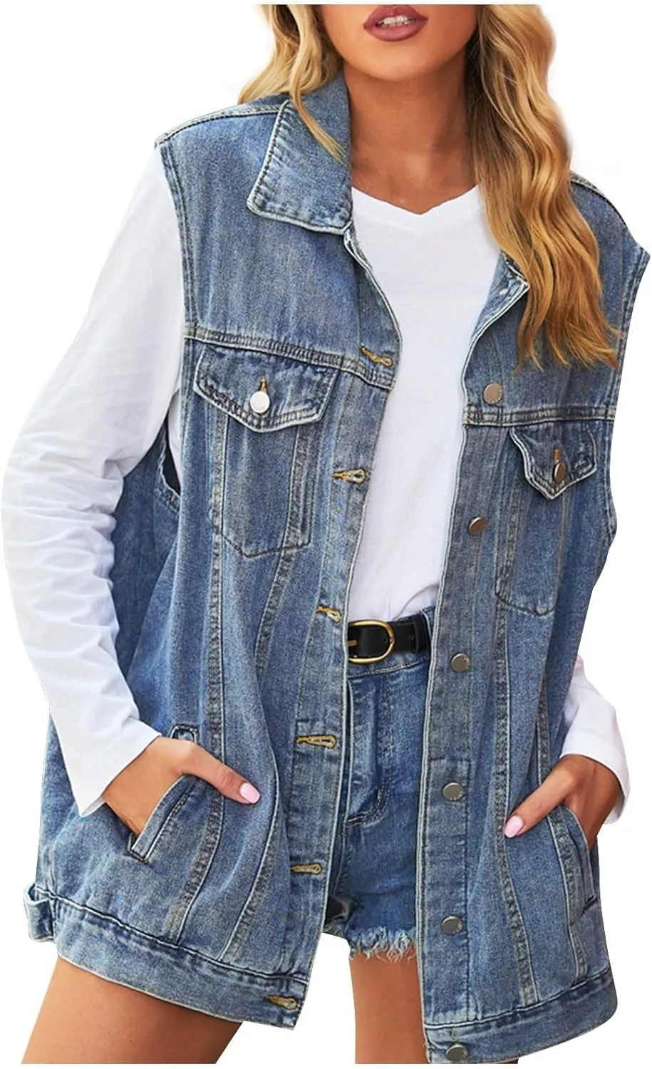 Women's Denim Vest Jacket Classic Oversized Boyfriend Sleeveless Button Down Jean Waistcoat Outerwear