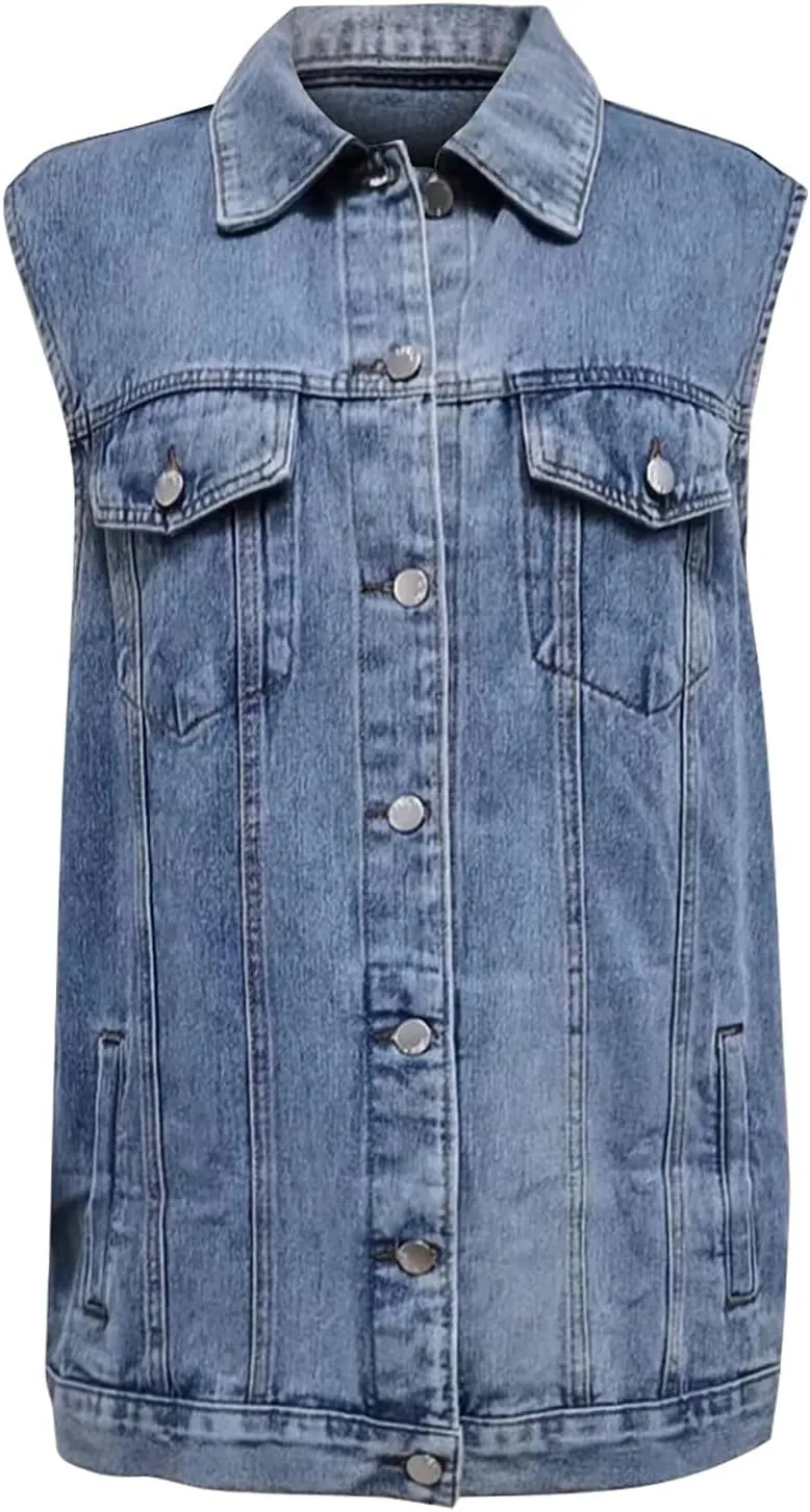 Women's Denim Vest Jacket Classic Oversized Boyfriend Sleeveless Button Down Jean Waistcoat Outerwear