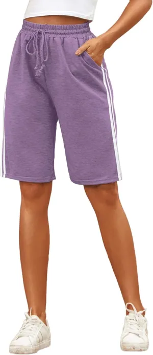 Women's Drawstring 2-Stripes Lounge Jersey Bermuda Shorts High Waist Jogger Yoga Long Sweat Shorts with Pockets