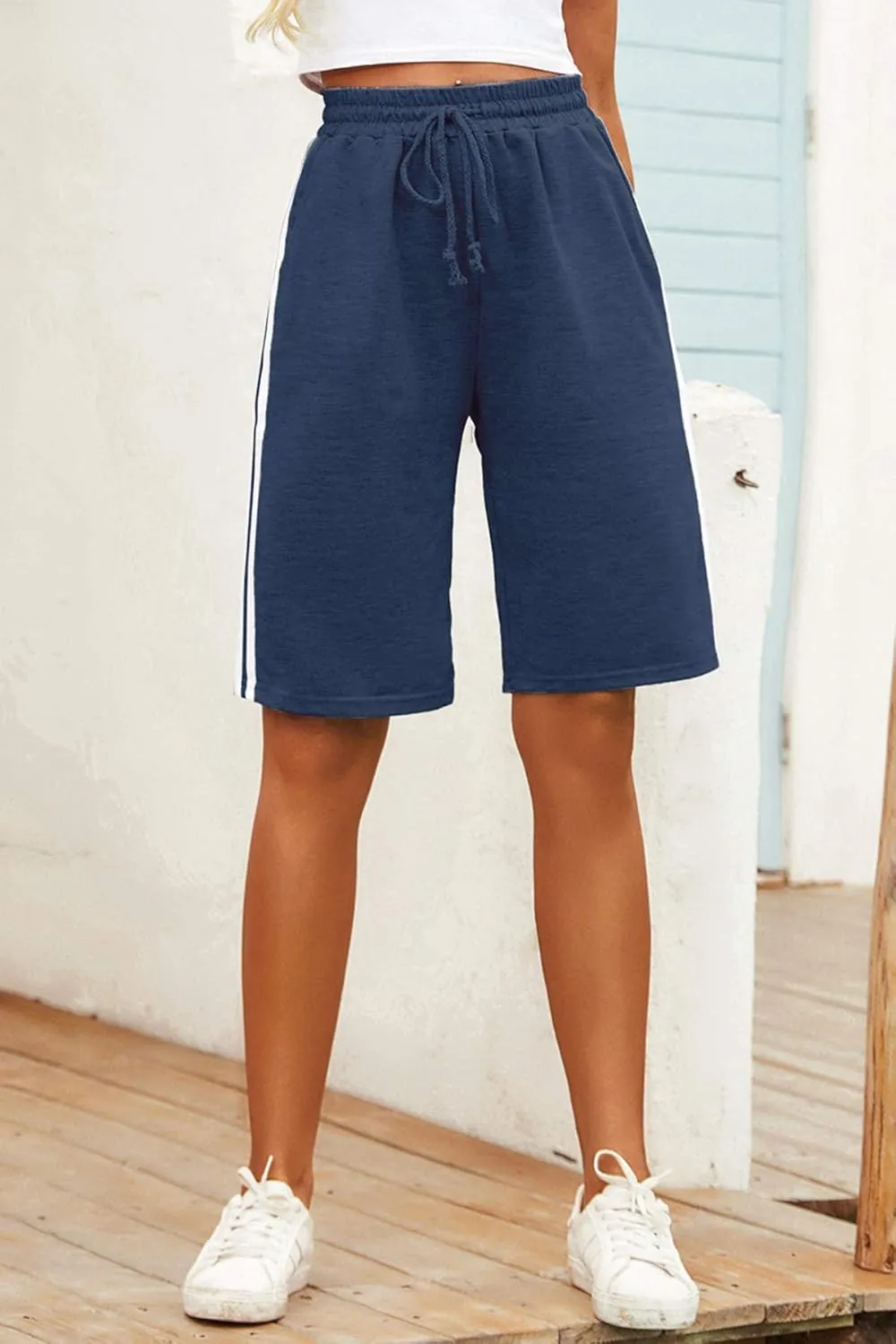 Women's Drawstring 2-Stripes Lounge Jersey Bermuda Shorts High Waist Jogger Yoga Long Sweat Shorts with Pockets