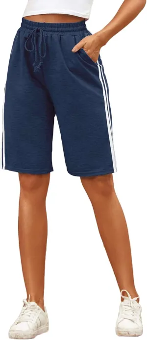Women's Drawstring 2-Stripes Lounge Jersey Bermuda Shorts High Waist Jogger Yoga Long Sweat Shorts with Pockets