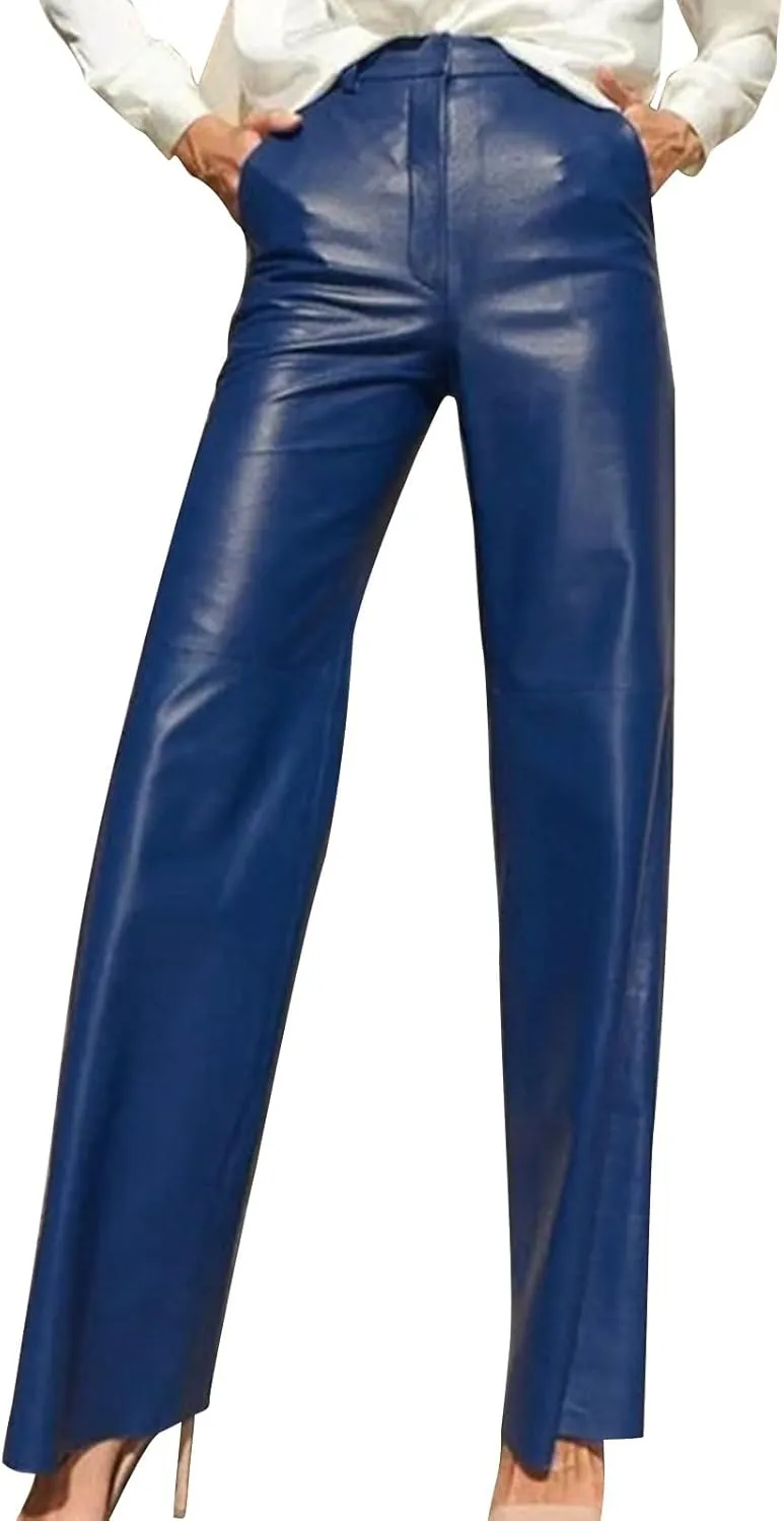 Women's Faux Leather Pants Button Straight Leg Trousers with Pockets Solid Color Retro Versatile High Waisted Pants