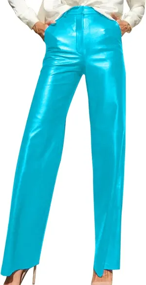 Women's Faux Leather Pants Button Straight Leg Trousers with Pockets Solid Color Retro Versatile High Waisted Pants