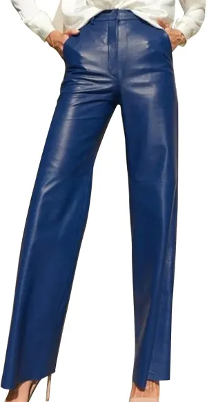 Women's Faux Leather Pants Button Straight Leg Trousers with Pockets Solid Color Retro Versatile High Waisted Pants