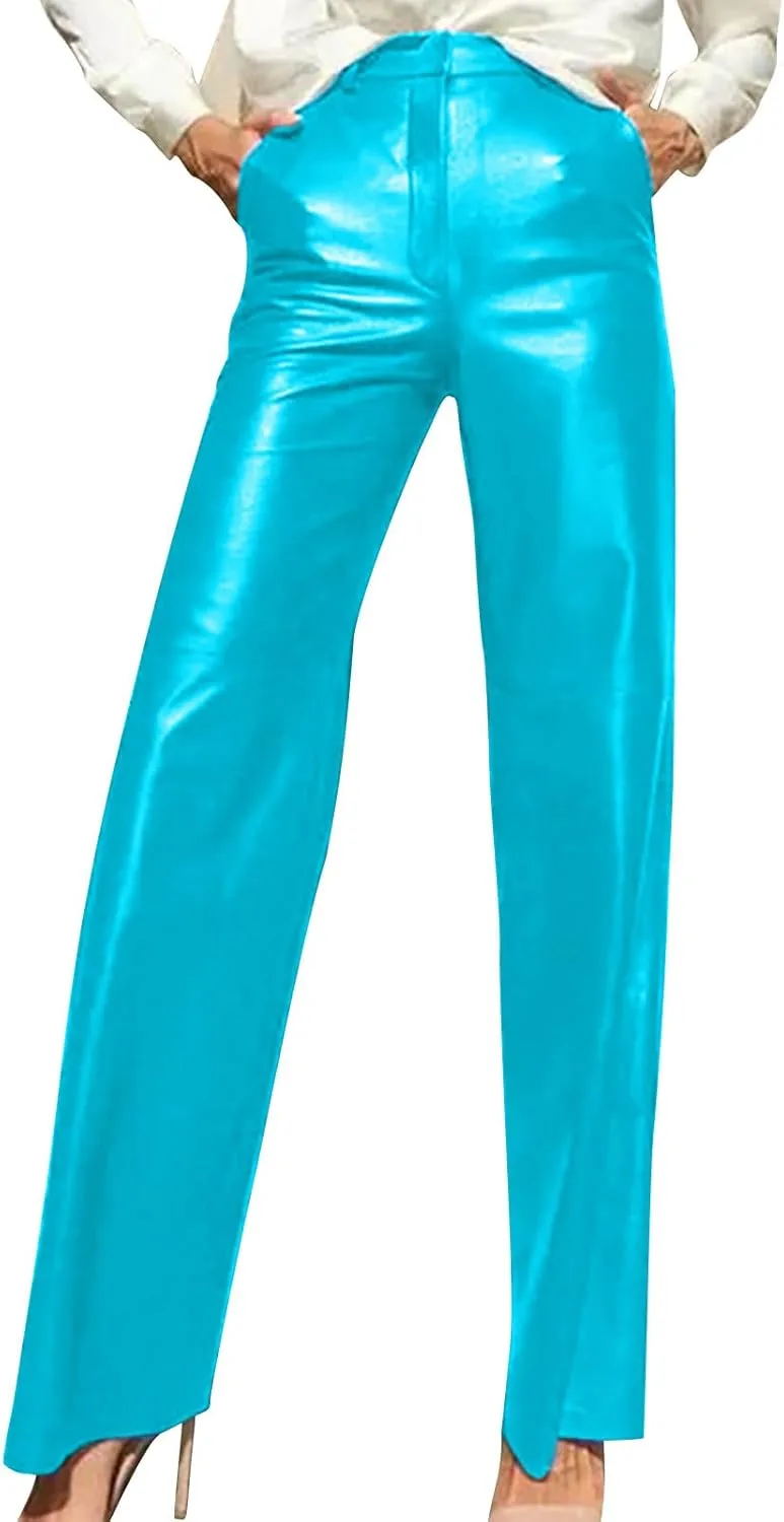 Women's Faux Leather Pants Button Straight Leg Trousers with Pockets Solid Color Retro Versatile High Waisted Pants