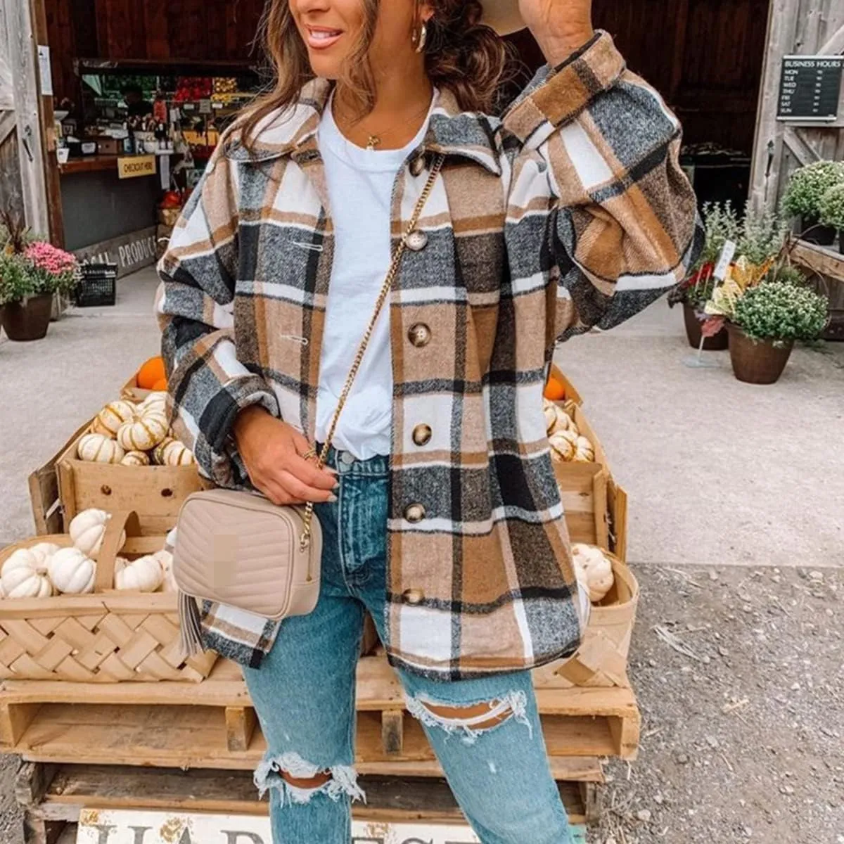 Womens Flannel Shacket Jacket Casual Plaid Wool Blend Lapel Button Down Long Sleeve Shirts 2023 Fashion Fall Coats