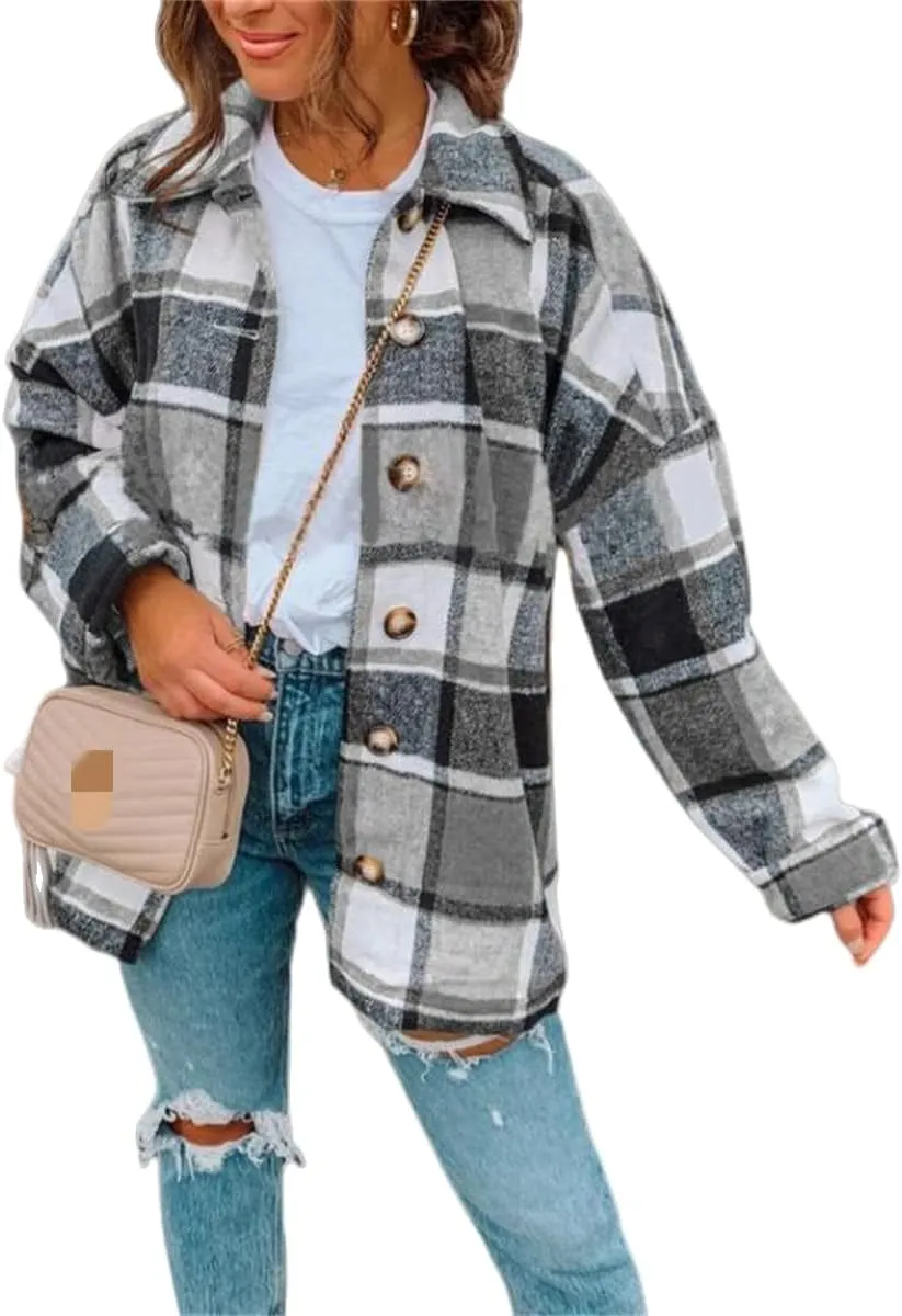 Womens Flannel Shacket Jacket Casual Plaid Wool Blend Lapel Button Down Long Sleeve Shirts 2023 Fashion Fall Coats