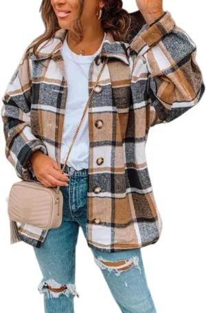 Womens Flannel Shacket Jacket Casual Plaid Wool Blend Lapel Button Down Long Sleeve Shirts 2023 Fashion Fall Coats
