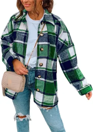 Womens Flannel Shacket Jacket Casual Plaid Wool Blend Lapel Button Down Long Sleeve Shirts 2023 Fashion Fall Coats