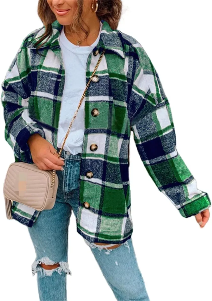 Womens Flannel Shacket Jacket Casual Plaid Wool Blend Lapel Button Down Long Sleeve Shirts 2023 Fashion Fall Coats
