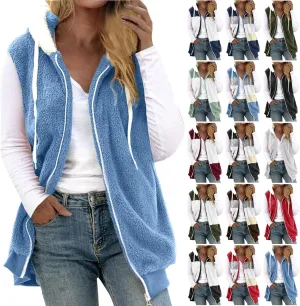 Womens Fuzzy Sherpa Fleece Jacket Lightweight Cozy Hooded Vest Sleeveless Full Zip Cardigan Fluffy Warm Hoodie Outwear