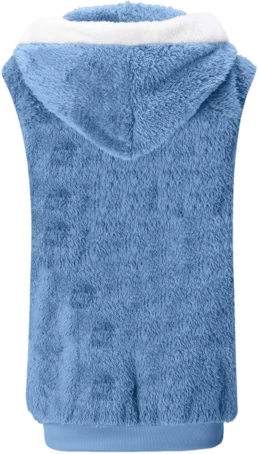 Womens Fuzzy Sherpa Fleece Jacket Lightweight Cozy Hooded Vest Sleeveless Full Zip Cardigan Fluffy Warm Hoodie Outwear