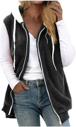 Womens Fuzzy Sherpa Fleece Jacket Lightweight Cozy Hooded Vest Sleeveless Full Zip Cardigan Fluffy Warm Hoodie Outwear