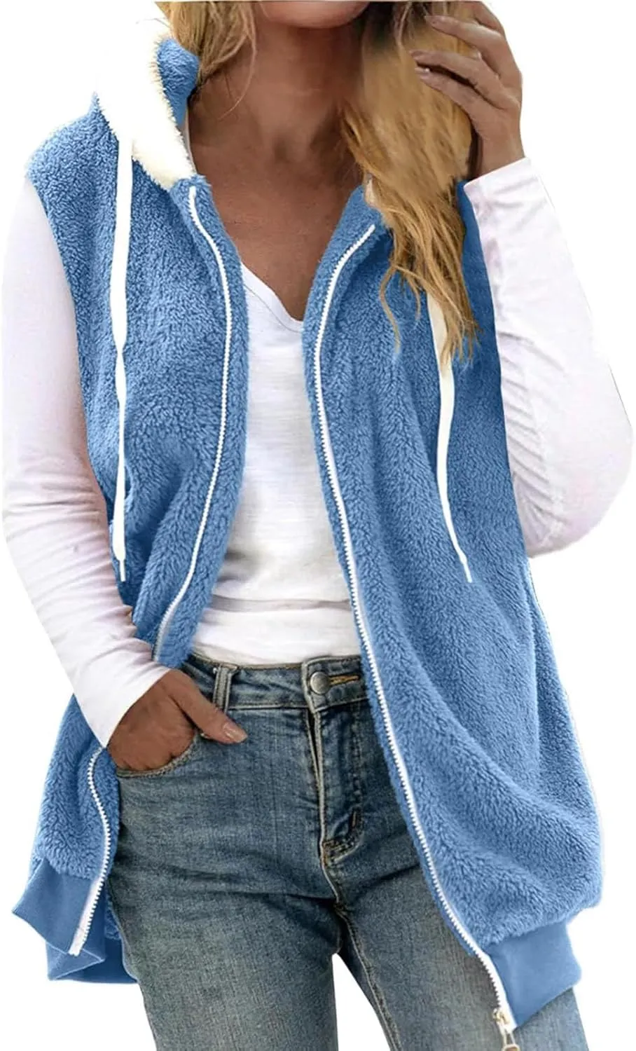 Womens Fuzzy Sherpa Fleece Jacket Lightweight Cozy Hooded Vest Sleeveless Full Zip Cardigan Fluffy Warm Hoodie Outwear