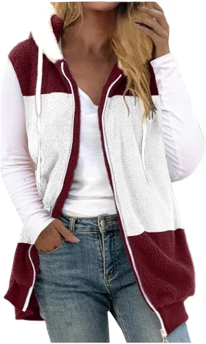 Womens Fuzzy Sherpa Fleece Jacket Lightweight Cozy Hooded Vest Sleeveless Full Zip Cardigan Fluffy Warm Hoodie Outwear