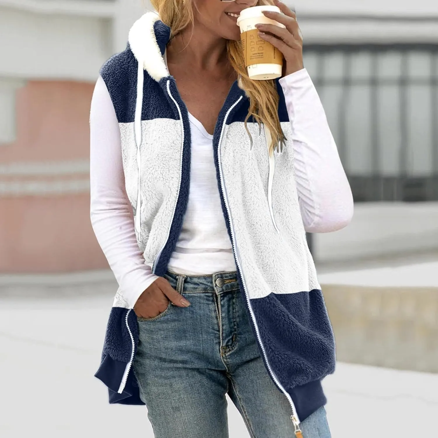 Womens Fuzzy Sherpa Fleece Jacket Lightweight Cozy Hooded Vest Sleeveless Full Zip Cardigan Fluffy Warm Hoodie Outwear